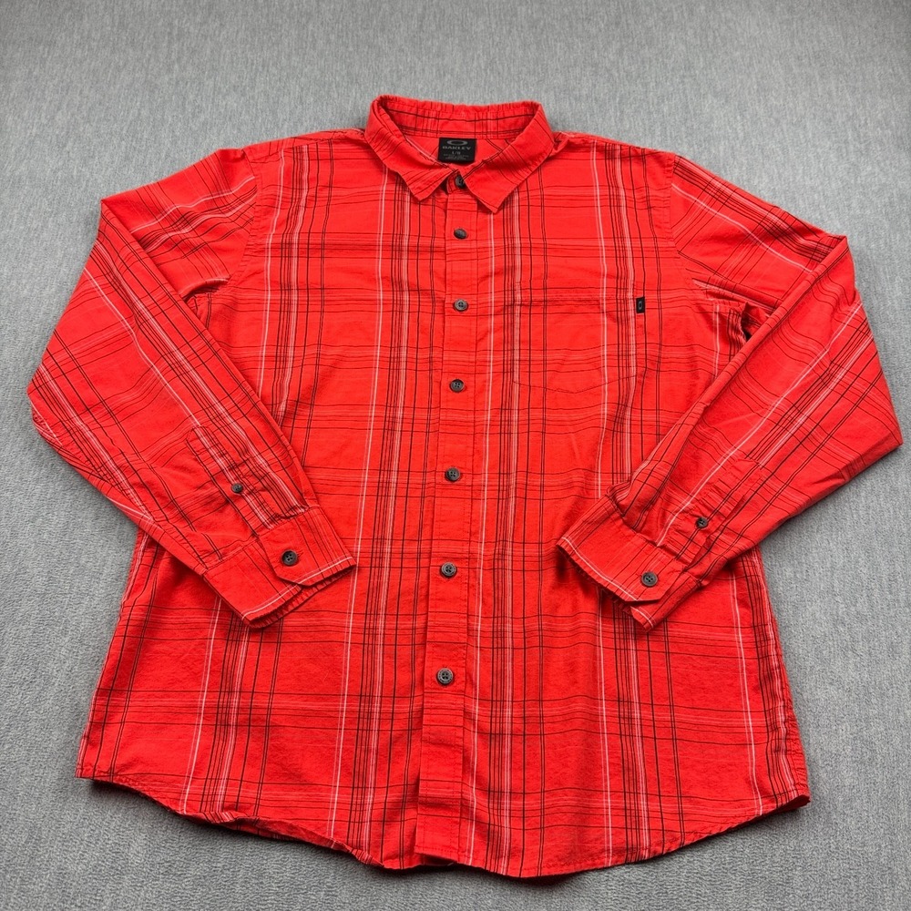 Oakley Shirt Men Large Orange Plaid Button Up Long Sleeve Classic Casual Outdoor